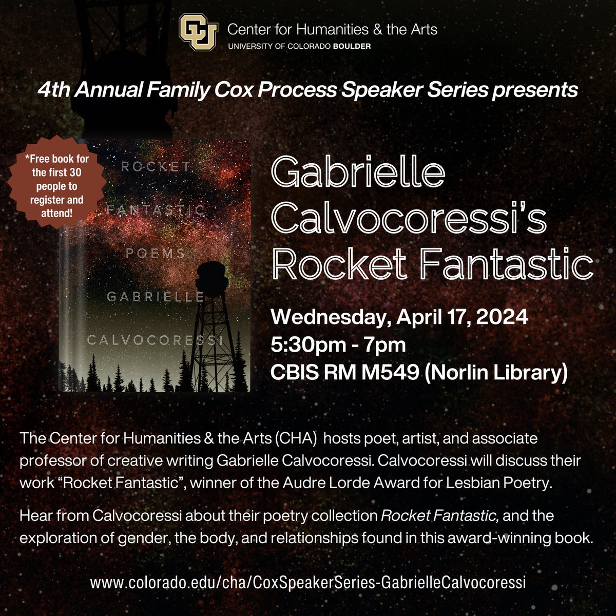 Join us for a visit with Gabrielle Calvocoressi (<a href="/rocketfantastic/">G. Calvocoressi</a>) as they discuss their poetry in "Rocket Fantastic" and the exploration of gender, body, &amp; relationships in this award-winning book.

April 17, 5:30pm
<a href="/CUBoulder/">CU Boulder 🦬</a>, Norlin Library

 RSVP here: web.cvent.com/event/b4d62620…
