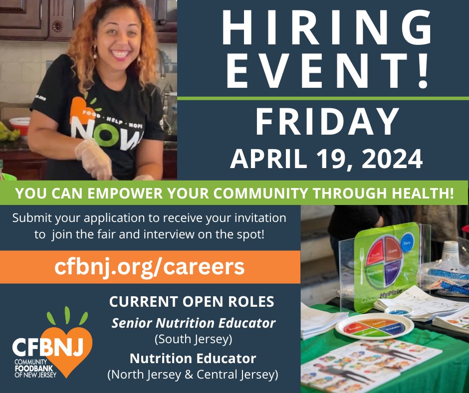 🍎💪Empower your community through health! On April 19, CFBNJ will have a hiring event for our Nutrition Education department. Submit your application for a Nutrition Educator or Sr. Nutrition Educator role to receive your invitation to the fair. Apply: cfbnj.org/careers