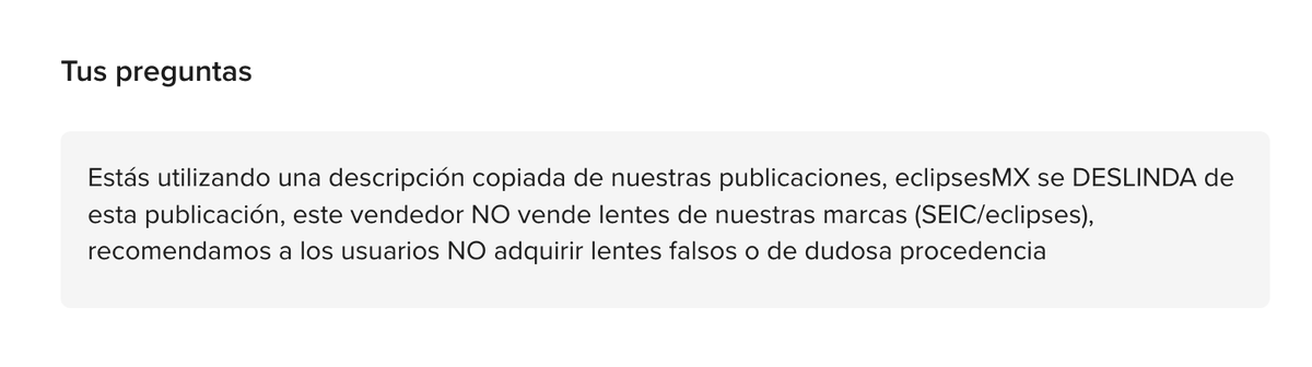 EclipsesMx's tweet photo. 🚨 OJO con publicaciones FALSAS en @Mercadolibre ‼️

https://t.co/mVShBRCMeb se DESLINDA cualquier publicación u oferta de lentes que no sea por nuestros canales oficiales

Recomendamos NO adquirir lentes falsos o de dudosa procedencia ❌ https://t.co/FlmOKzGi94