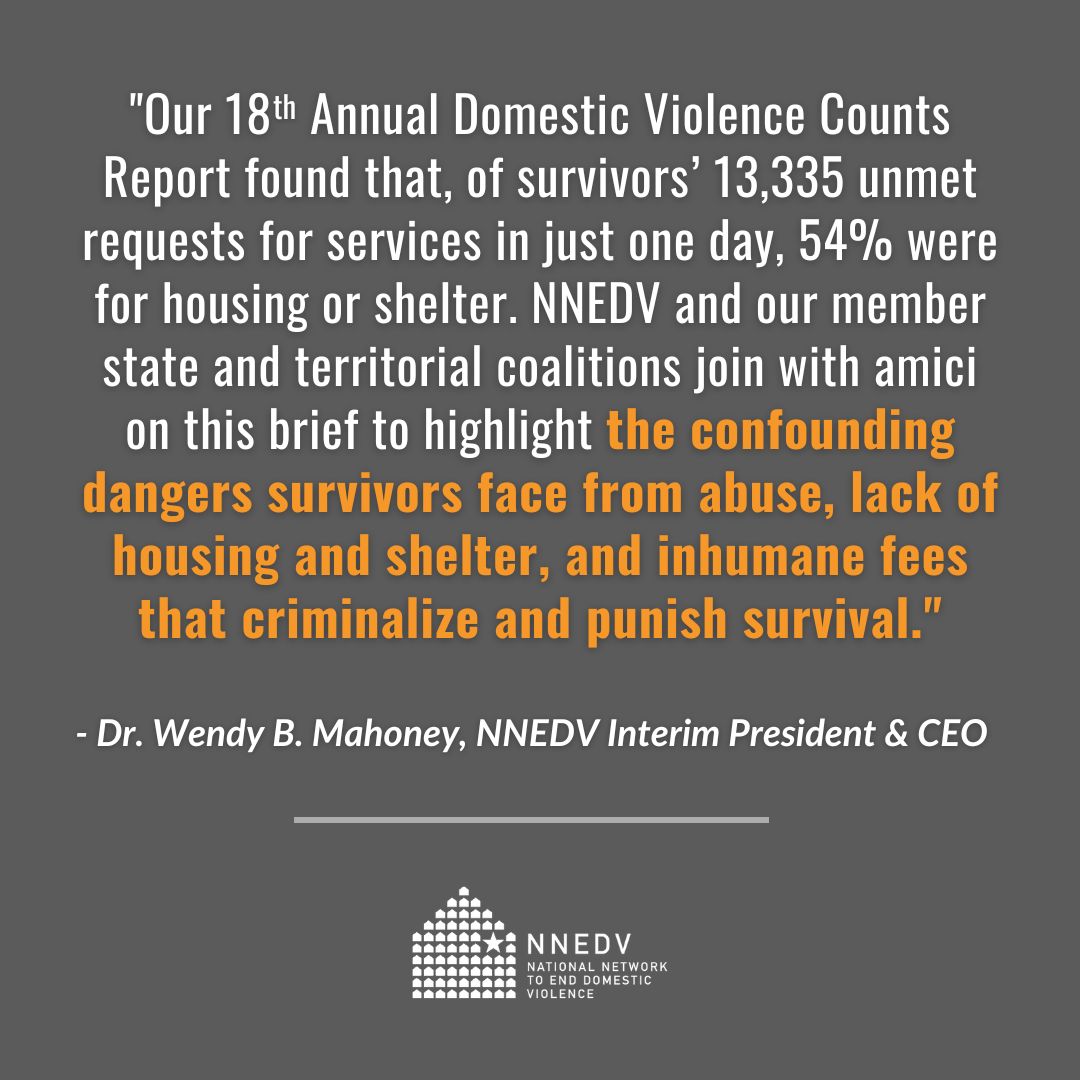 NNEDV is proud to join 75 orgs in an amicus brief outlining how criminalizing homelessness will harm survivors of gender-based violence. We urge the Supreme Court to protect survivors in the upcoming #JohnsonVGrantsPass case. More via @nhlp & @SVLawCenter: buff.ly/3TMVaXM