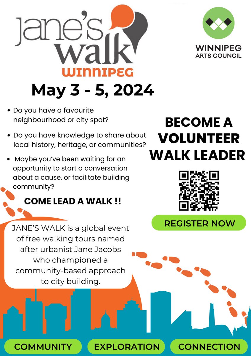 Jane’s Walk Winnipeg is looking for volunteer Walk Leaders to lead walking conversations the first weekend in May for this important worldwide festival. Visit our page on the Winnipeg Arts Council website winnipegarts.ca/janes-walk for more info! Submissions close April 25!