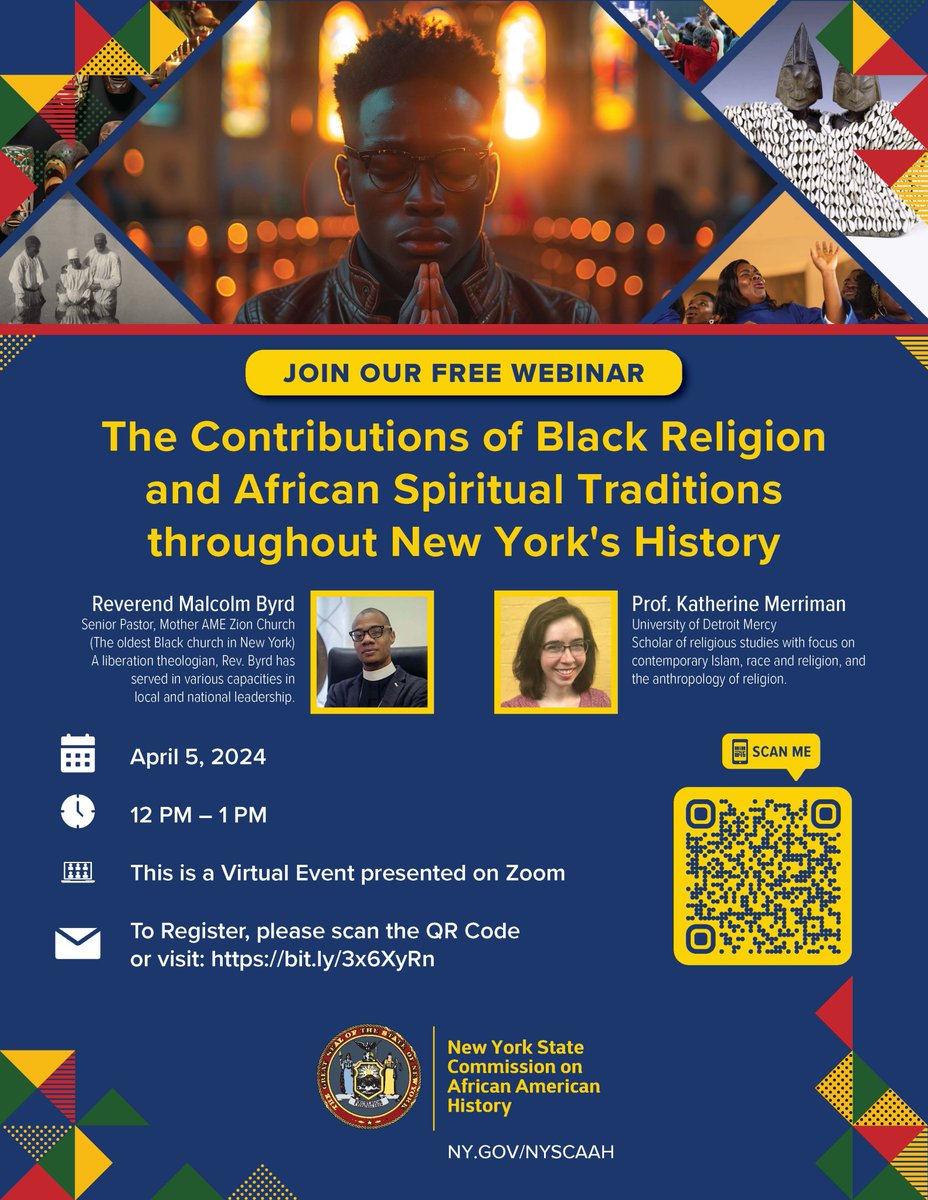 Join us this Friday, April 5th for a lunch-and-learn style webinar on the religious and spiritual contributions of Africans and African Americans throughout New York State history. #NYSCAAH Registration is required here: bit.ly/3x6XyRn More details below ⤵️