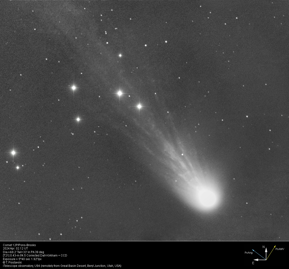Comet 12P/Pons-Brooks 2024 Apr. 02.12 UT Dia.=&9.2' Tail>33' in PA 39 deg... [T21] 0.43-m f/4.5 Corrected Dall-Kirkham + CCD... iTelescope observatory, U94 (remotely from Great Basin Desert, Beryl Junction, Utah, USA) [evening twilight]