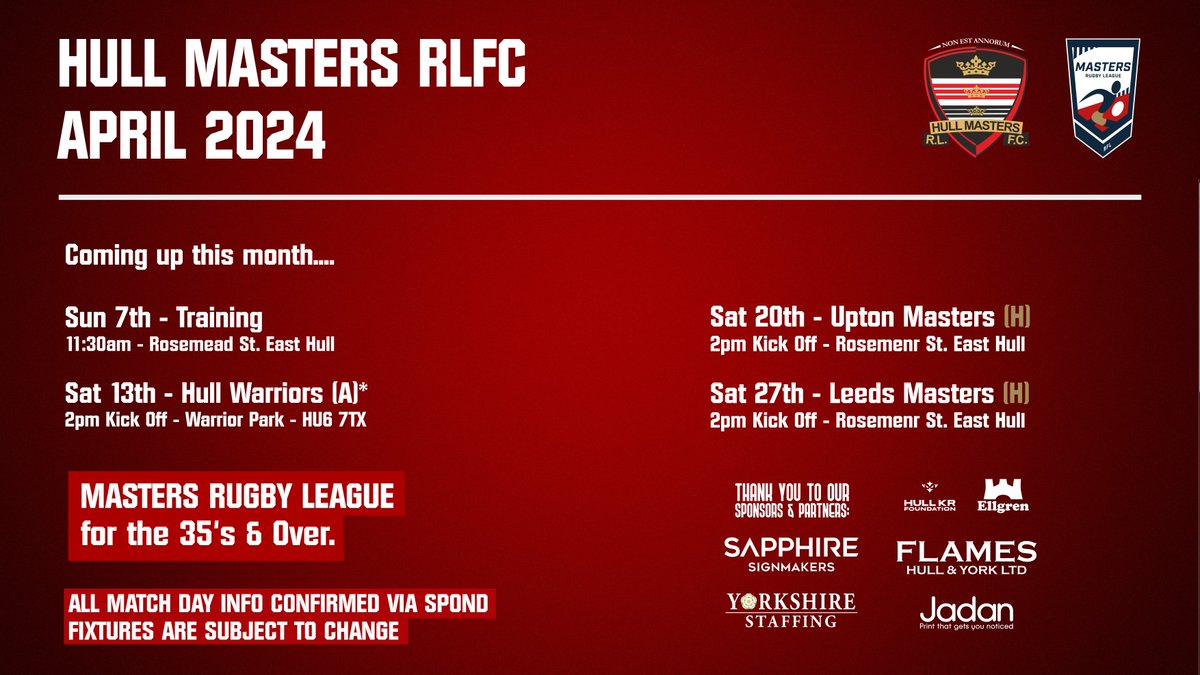 👋Hello April! Busy month ahead for Hull Masters ⤵️ 🏉 4th April - Training 🏉13th April - 1st Derby of the Season vs @hull_warriors 🏉 20th April - Home to Upton Masters 🏉 27th April - Home to Leeds Masters RLFC *Fixture reversed #hullmasters24