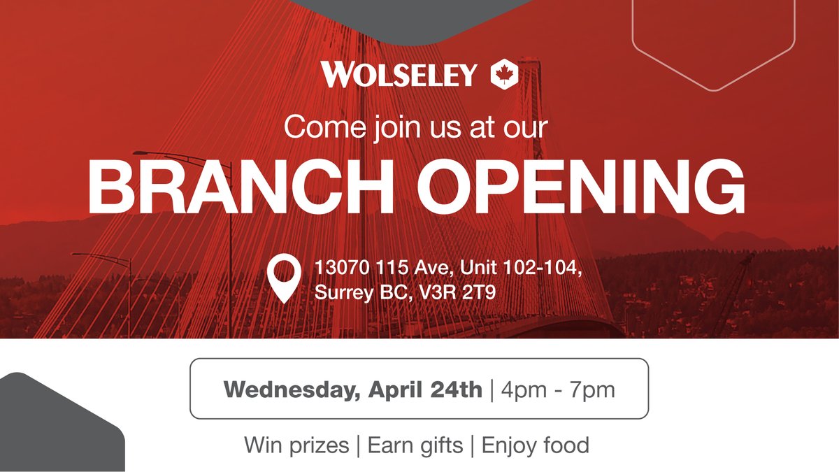 🎉 Exciting Grand Opening! 🗓️ April 24: new Wolseley branch in North Surrey. Register for a shot at $500 Canucks store cards & more! Elevate your business game. RSVP now: share.hsforms.com/1dQ4nS9wHSRisH… #WolseleyNorthSurrey #Plumbing #HVAC