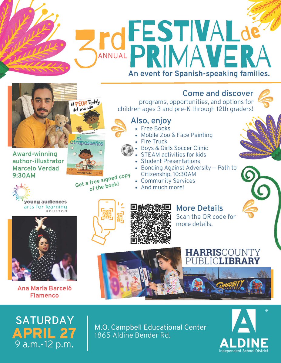 Mark you calendars for the Festival de Primavera on April 27th with featured author Marcelo Verdad! Receive a free signed copy of his book! @delgadong94 @aldineesl @KarenEBurdick @HGarzaAldine @ramirez_math @AldineAEA @ElyGdy @AldineCTE @AldineArt @aldinearts @aldinelibraries