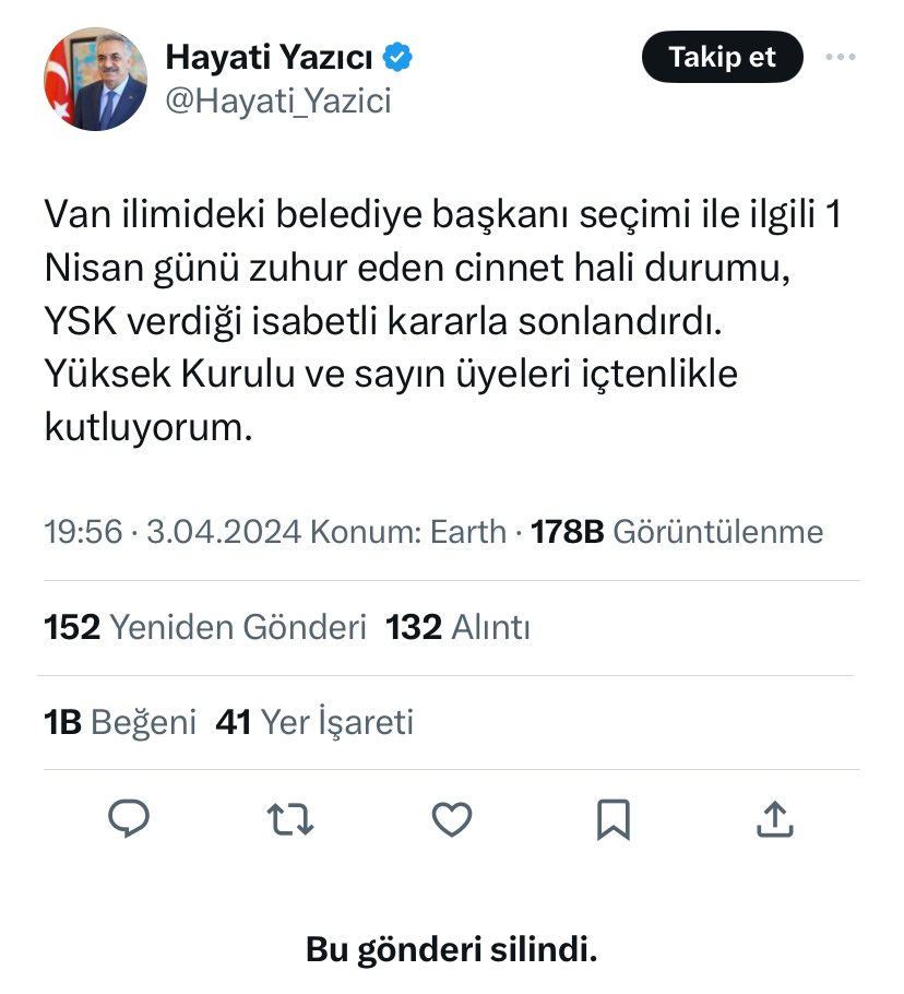 AK Parti Genel Başkan Yardımcısı Hayati Yazıcı, YSK’nın Van kararını tebrik etti. 

Daha sonra bu tweetini sildi.

#YorumSizin