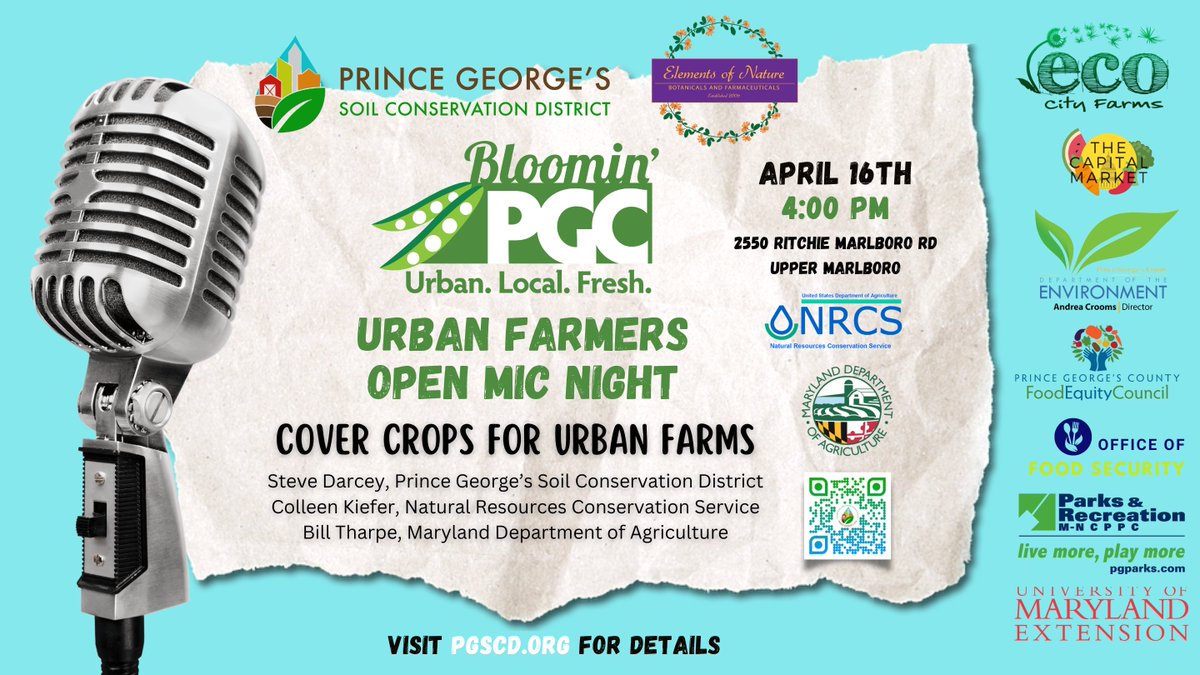 The Prince George’s Soil Conservation District, along with the Bloomin’ PGC Partners, invite you to participate in our Open Mic Night! This month, learn about the power of incorporating cover crop mixes into your urban ag crop rotation plan

Register here: …s-April-Open-Mic-Night.eventbrite.com