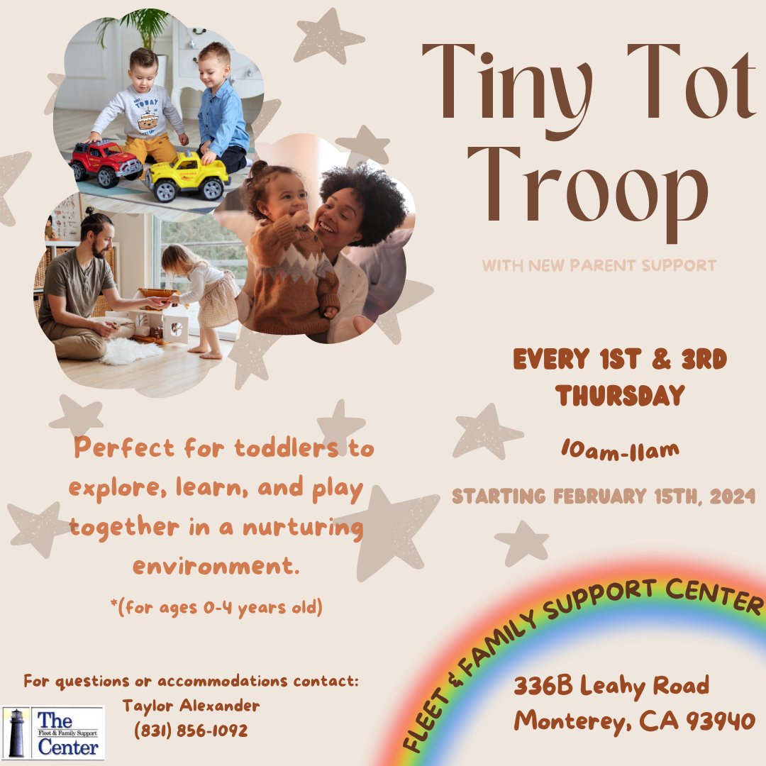 Military families, mark your calendars! 📆 Join us for playtimes tailored just for you! 🎉 Connect, bond, and enjoy quality time together. 👶 Tiny Tots: April 18th, 10am (Ages 0-4) 🍼Babygarten: April 24th, 10am (Ages 0-18 months) See you there!'
