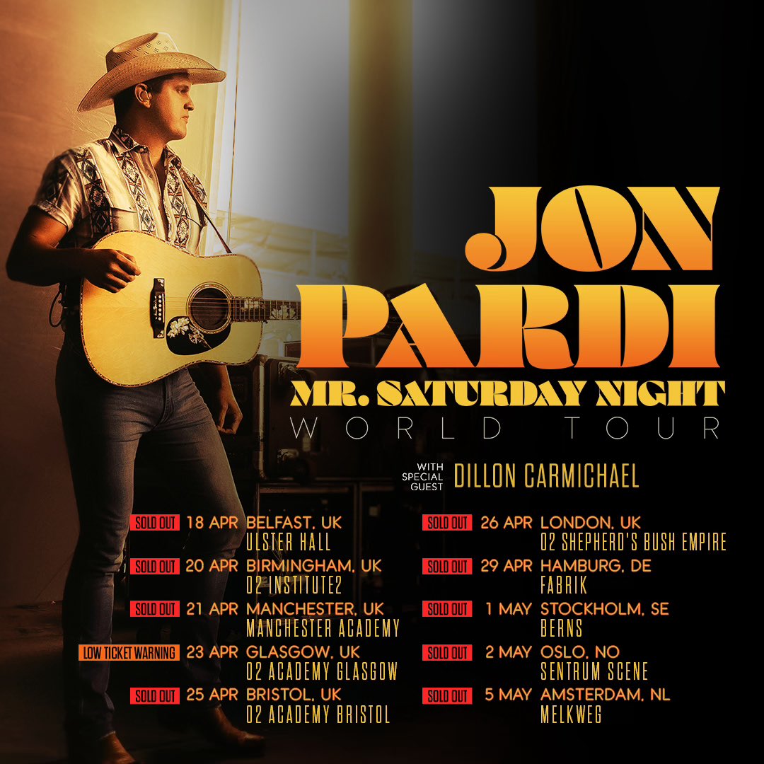 Only a couple tickets left in Glasgow and then we are completely SOLD OUT on the UK/EU leg of the Mr. Saturday Night World Tour! Can’t wait to play shows in the UK for the first time! jonpardi.com/tour/