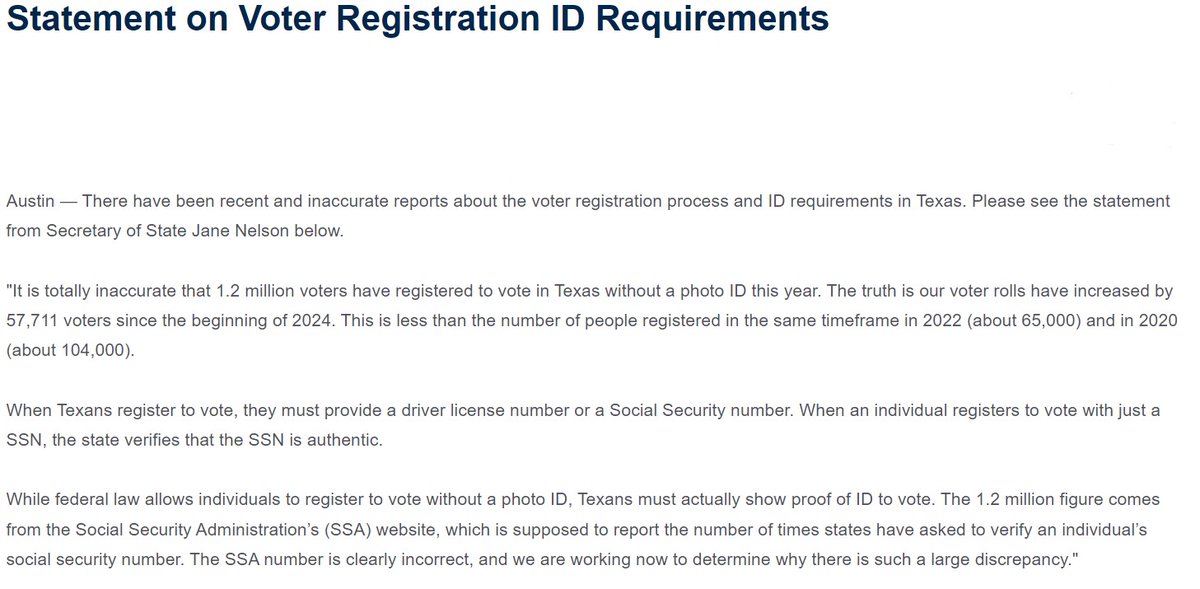 Read my statement regarding totally inaccurate information circulating about Texas' voter registrations: sos.state.tx.us/about/newsrele…