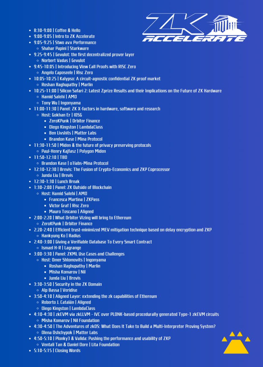 ZKAA final agenda 🥁 FYI: + ZKA focus is product and product R&D + All talks will be recorded + We are not fans of breaks (but lunch is lunch) event page: lu.ma/f5rwv3b1