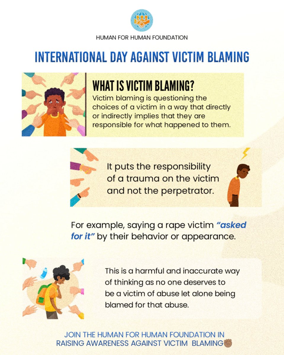 🌍 Today is the International Day Against Victim Blaming! 

🚫 Victims should not be wrongly held responsible. It's time to stand against this harmful mindset and support victims. 
💪 #EndVictimBlaming #HumanForHumanFoundation