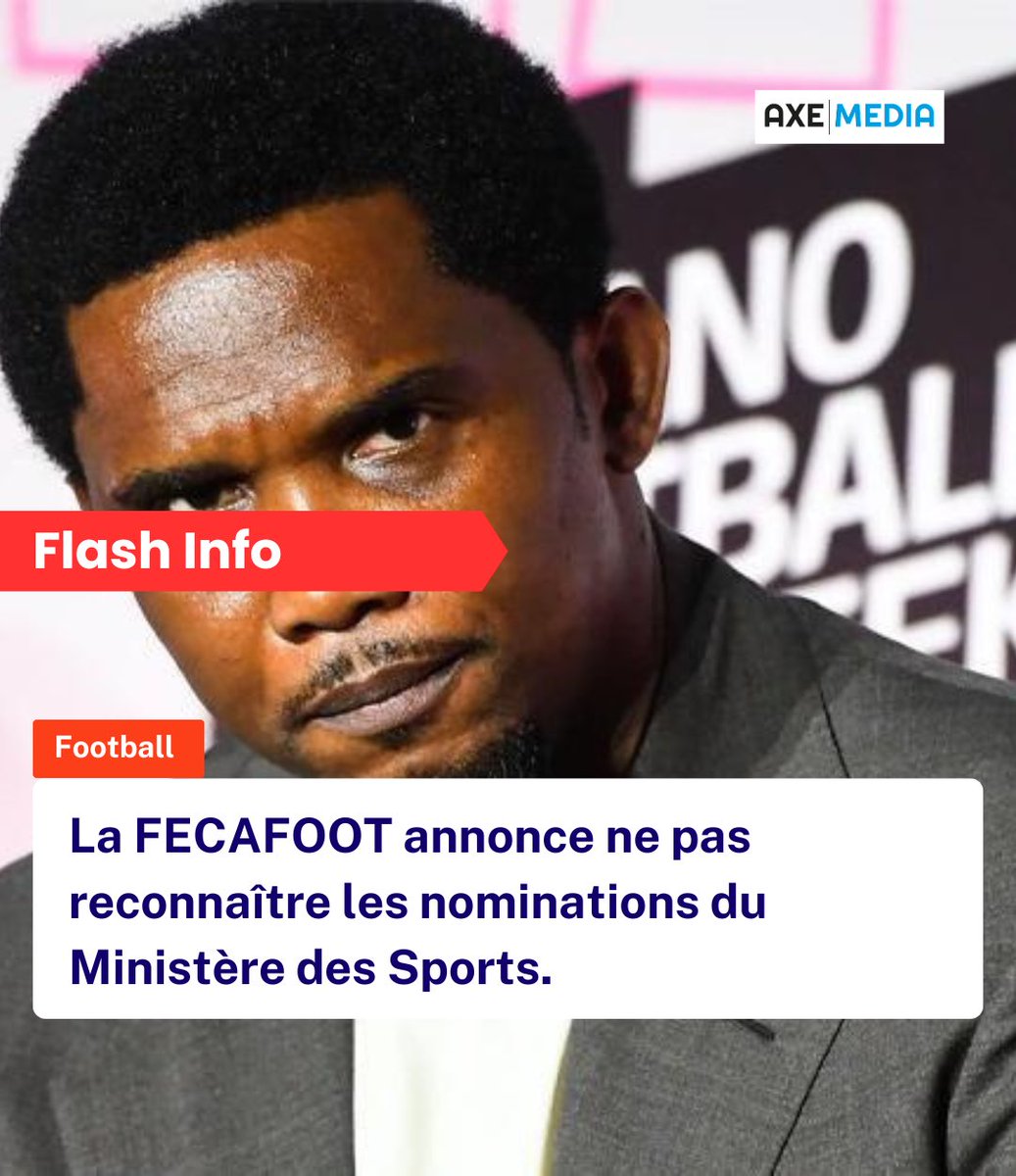 La FECAFOOT annonce ne pas reconnaître les nominations du Ministère des Sports.

#fecafoot #samueletoo #paulbiya #football #lionsindomptables🇨🇲🦁