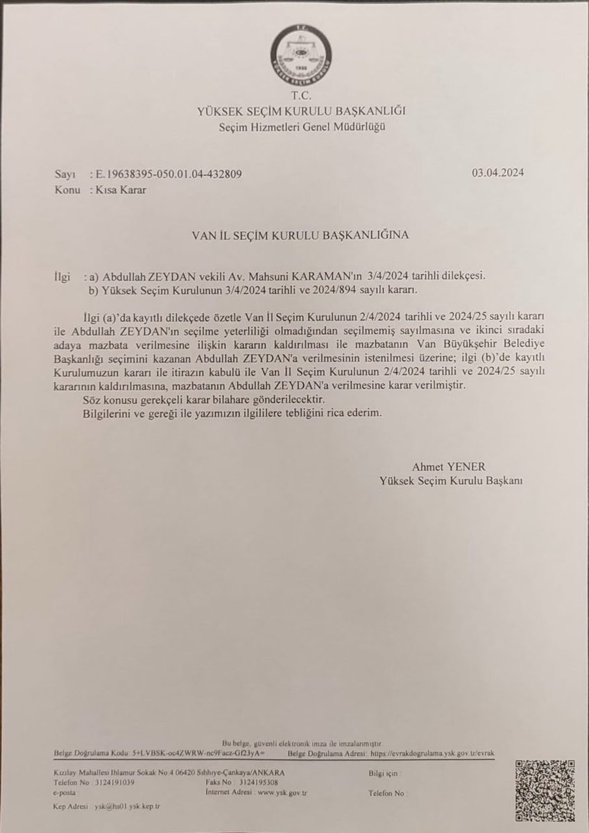 Yüksek Seçim Kurulu’nun Van kararı kesinleşmiş ve yürürlüğe girmiştir. Van Büyükşehir Belediye Eş Başkanları Neslihan Şedal ve Abdullah Zeydan’dır. Bizim olanı geri aldık!
