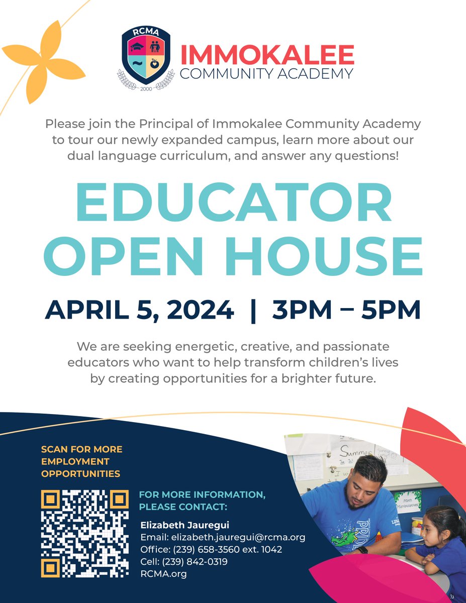 We are so excited to be hosting an Educator Open House this Friday, April 5th from 3-5 PM at RCMA's Immokalee Community Academy. We hope to see you there! 

#Immokalee #FloridaJobs #FLJob #FloridaTeachers #FloridaEducators #FloridaNonprofit #NowHiring #JobOpportunity
