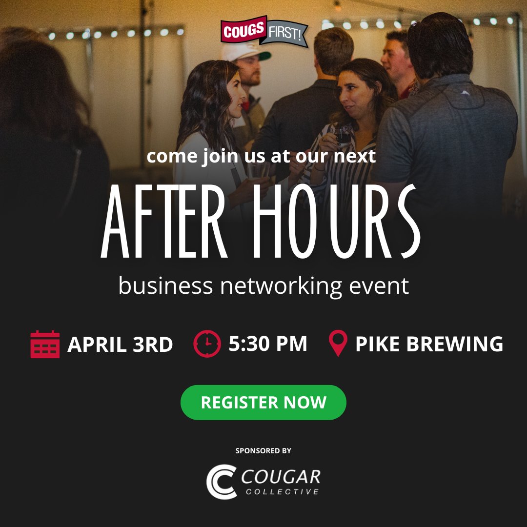 TONIGHT! Join us at our April After Hours - free to attend, all are welcome. 🕠 5:30 PM 📍 @pikebrewing 🎟️ bit.ly/3Pkvr7D Learn more about NIL with the @CougCollective, connect with fellow Cougs, and even get your first beer on us! #GoCougs #CougsFirst #SeattleEvent