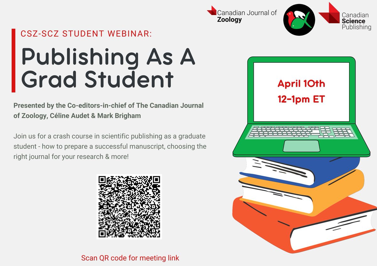 Undergrad & graduate students nearing the publishing stage of your research journey! 📝 Join us virtually April 10th @ 12pm ET for a publishing crash course presented by @cdnsciencepub & @CanJZoology Ease your pre-pub worries & bring your questions for the Q&A session after