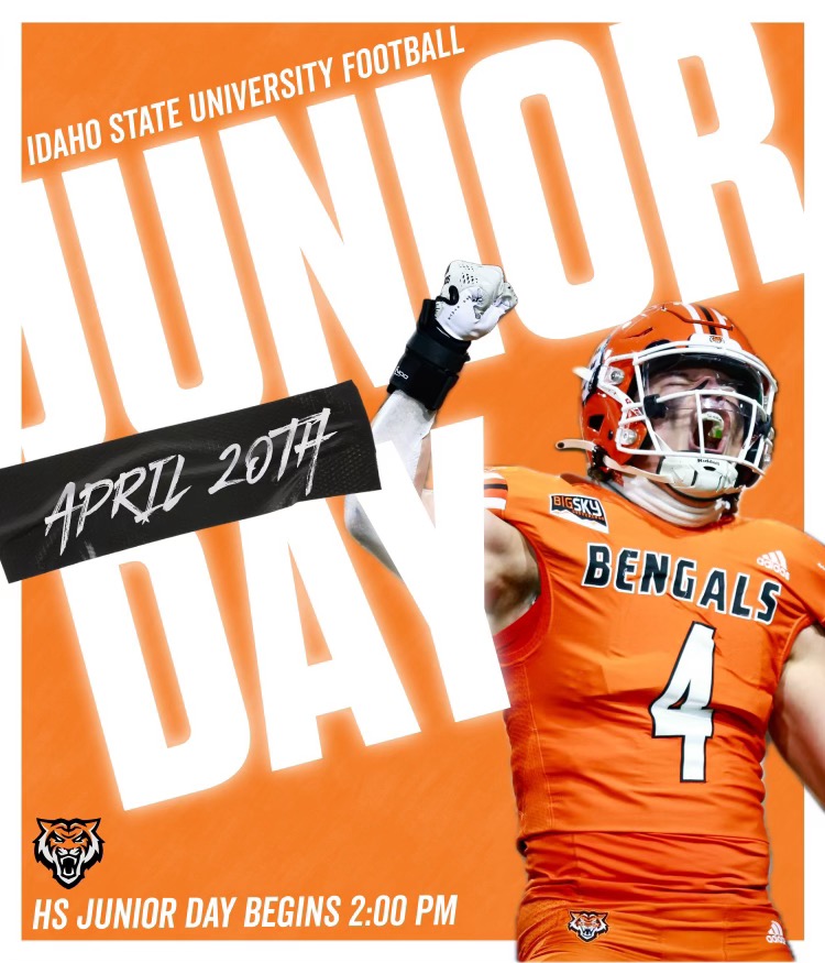 Upcoming High School Seniors! Join us for Junior Day on April 20th this year. Signups available at idahostatefootballcamps.com Junior Day follows Bengal visit day so make sure to sign up for both and we will see you in Pocatello! #RoarBengalsRoar