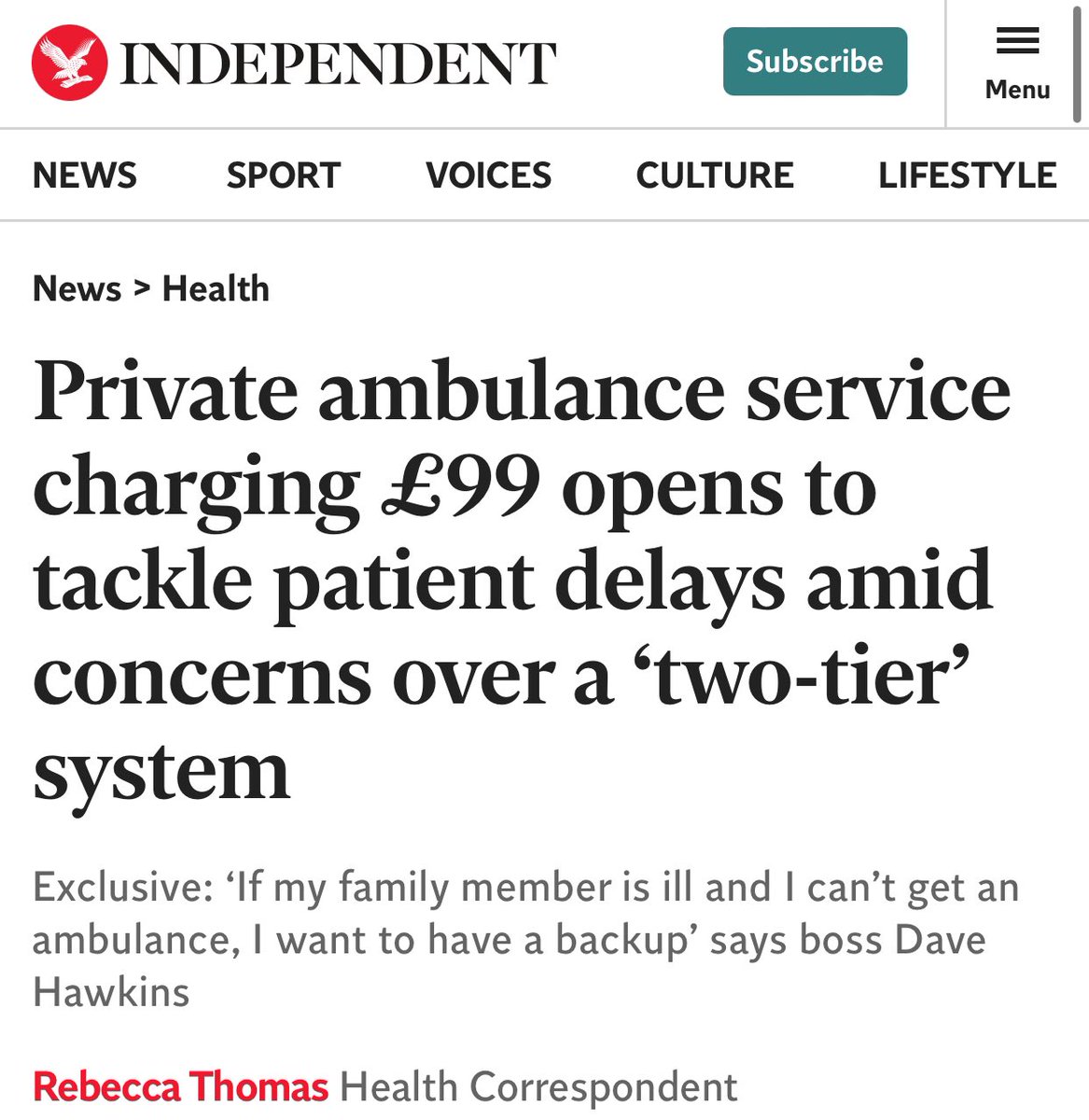 If you have £99 you can get an ambulance to A&E quickly. If you don’t, you wait and possibly die.

After 14 years of drastic NHS underfunding, we are hurtling uncontrollably toward two-tier healthcare.

It’s time to properly fund our NHS. #NHSPledge 

independent.co.uk/news/health/nh…