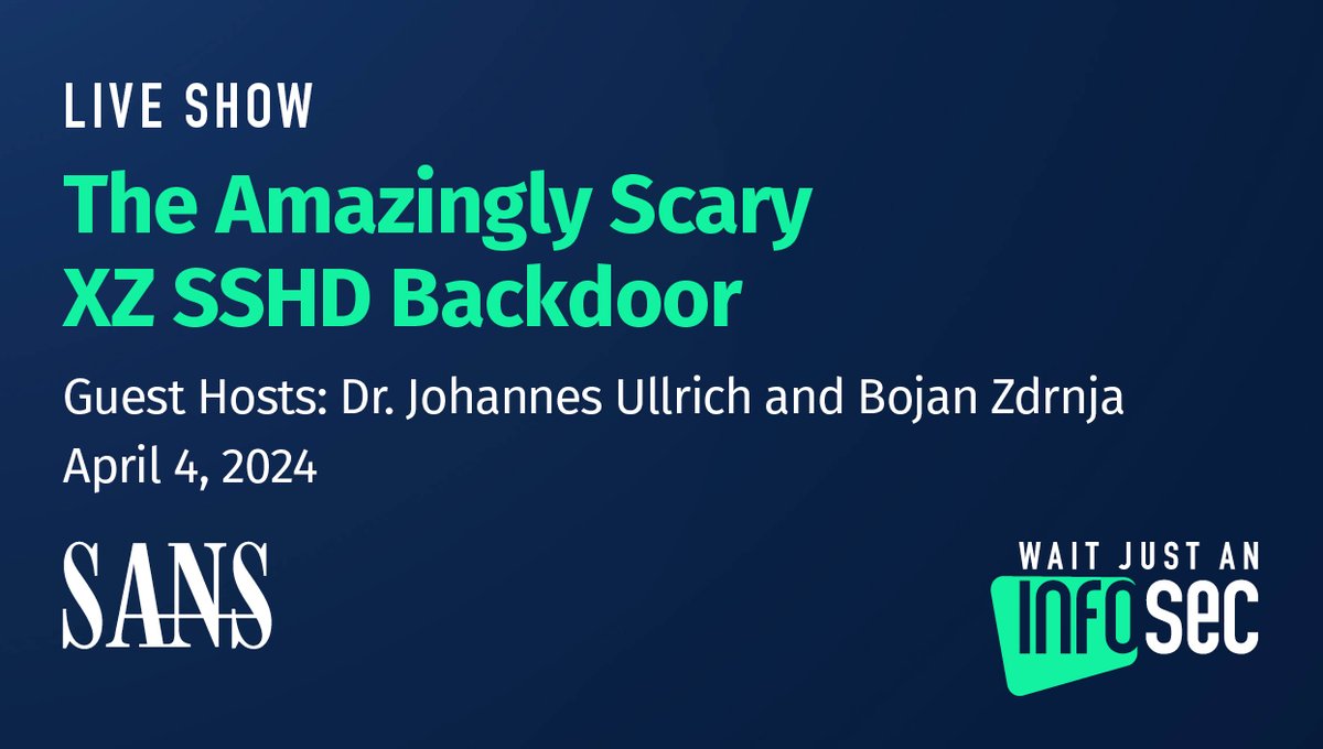🚨 #WJAI Special Episode: Unpacking the xz-utils Backdoor Crisis!

Tune in tomorrow as SANS experts <a href="/johullrich/">Johannes Ullrich</a> &amp; <a href="/bojanz/">Bojan Zdrnja</a> dissect the threat that has shaken the open-source community.

Set your alert now ▶️  youtube.com/live/HTNKS3tw3…