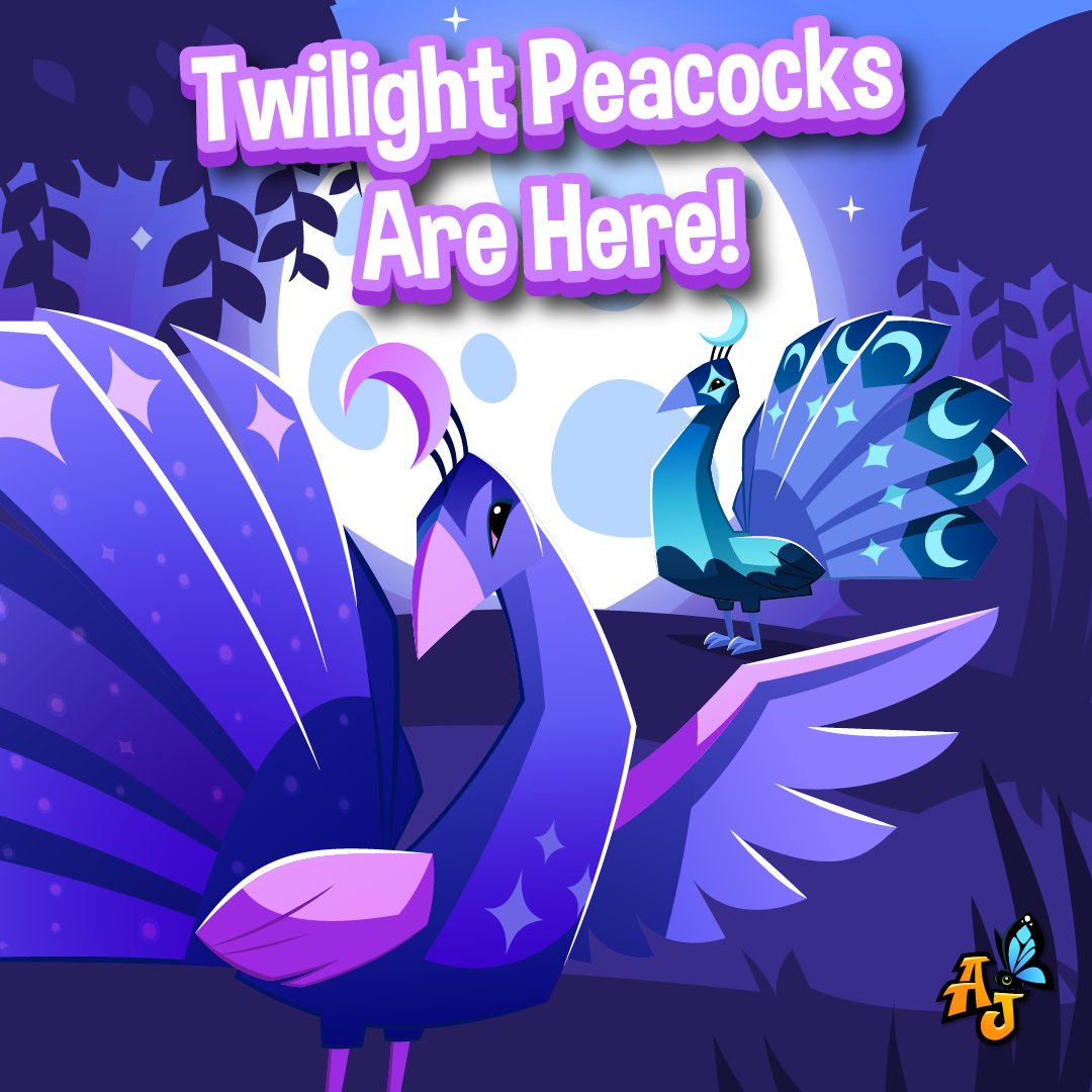 AnimalJam's tweet photo. ๐ As the sun goes down, tails flip up! TWILIGHT PEACOCKS are making their celestial debut in Animal Jam! Outfit your animal with our exclusive Astronomer Outfit, expand your universe from tail to tip.
#AnimalJam #TwilightPeacocks #CelestialDebut #AJPW #AJAnimal https://t.co/RFKh9kYV76