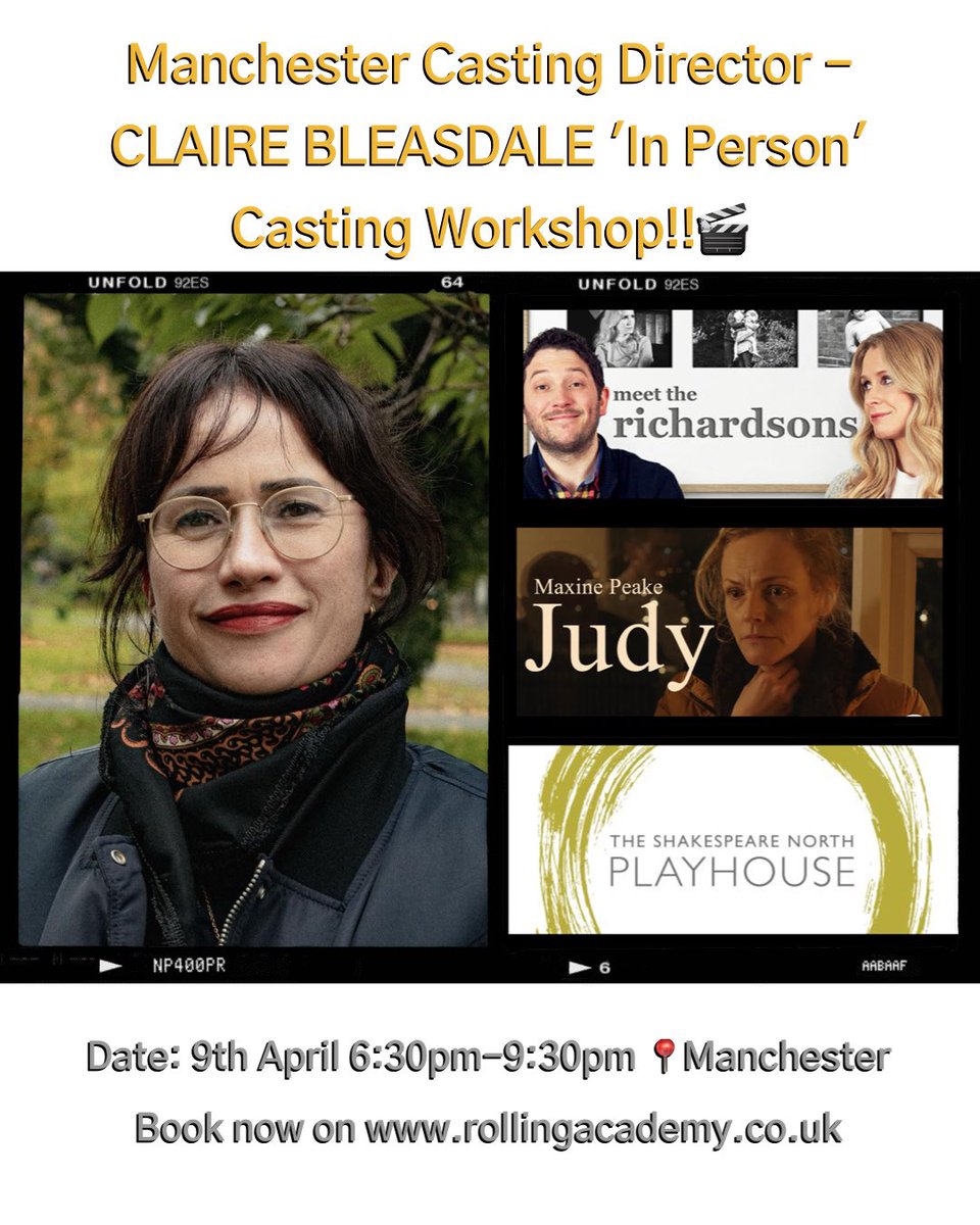⏰ONLY 1 SPOT LEFT! • 🎬Manchester Casting Director - CLAIRE BLEASDALE CDG Workshop! • ⭐️Credits: Meet the Richardsons (Apple TV), Judy (starring Maxine Peake), Richard, My Richard (Shakespeare North) • ⏳9th April 📍MANCHESTER • @clairebcasting • 📕rollingacademy.co.uk/workshops