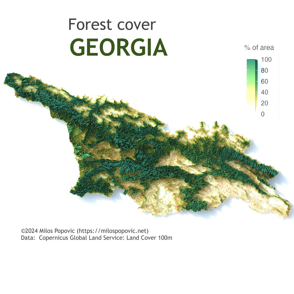 milosmakesmaps's tweet image. 👋 Hi friends! Check out Georgia&apos;s 🇬🇪 natural beauty in my 2019 forest cover map. 🌳

I&apos;ve used Copernicus data to showcase the country&apos;s forest richness. 🌲

Interested in map-making with R? My tutorial with #ggplot2 and #rayshader makes it accessible and fun. 🗺️

Begin mapping…