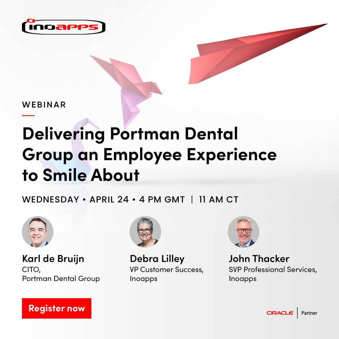 Join us for our webinar with Karl de Bruijn, CIO of Portman Dental Group, as he shares how they're using Oracle HCM Cloud and Inoapps Evolve to enhance #EmployeeExperience during expansion and acquisitions. Don't miss it! ow.ly/oPNl50R7AB7 #HCMNow #webinar #oraclecloudhcm