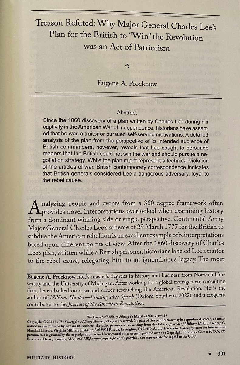 For a fresh look at #RevWar General Charles Lee and why he was an ardent Patriot not a traitor, check out my article in the April 2024 issue of the Journal of Military History.