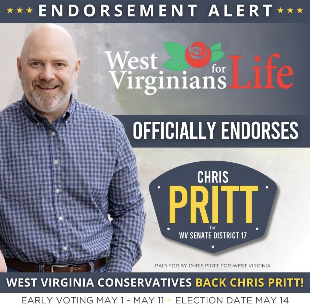 I'm honored to once again receive the endorsement of West Virginians for Life. Protecting the sanctity of life remains at the forefront of my priorities as I seek election to the West Virginia State Senate. #wvpol