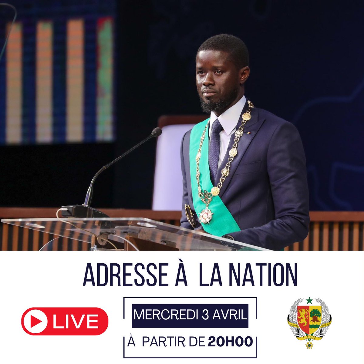 Adresse à la Nation du Président de la République🇸🇳 Suivez en direct à partir de 20h le discours prononcé par le Chef de l'Etat @DiomayeFaye à l'occasion du 64ème anniversaire de l'accession à l'indépendance du Sénégal.