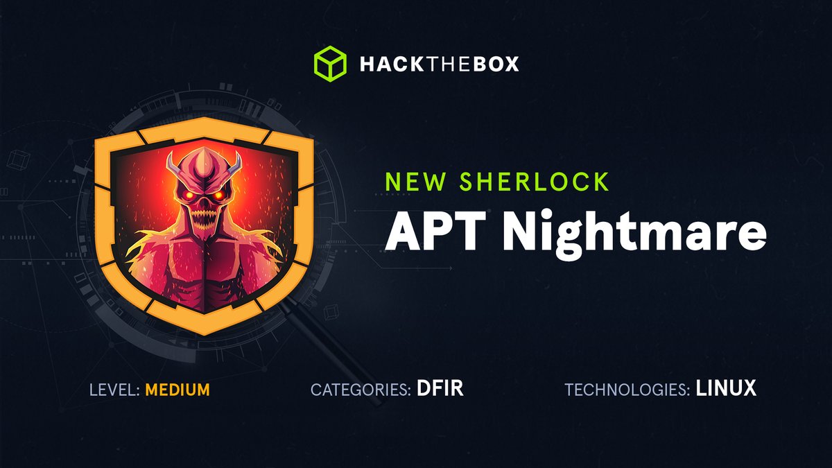 One, two, Freddy's coming for you 😨 A new #Sherlock is on the way! APT Nightmare will be released on 4 April 2024, on both HTB Labs and HTB Enterprise Platform! Einladen will be retired. Start your investigation now: okt.to/s5Ty2a #HackTheBox #Cybersecurity #BlueTeam