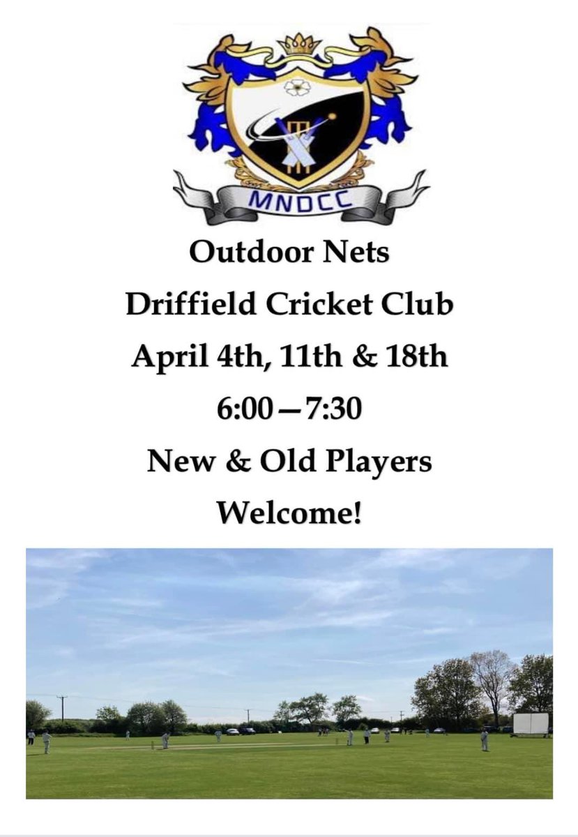 Outdoor nets commencing tomorrow night, from 6:00-7:30 on the all weather nets at Driffield Cricket Club. New and old players welcome!🏏🏏