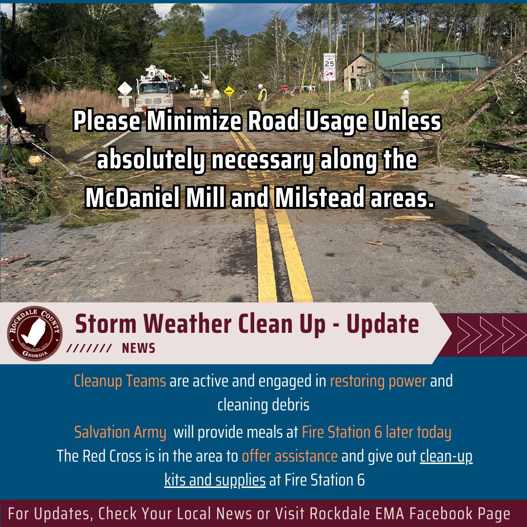 STORM UPDATE: Minimize road usage in McDaniel Mill and Milstead areas. Cleanup teams are working to restore power and clean debris. Salvation Army meals are at Fire Station 6 today. The Red Cross is offering assistance. Check local news or the EMA Facebook page for updates