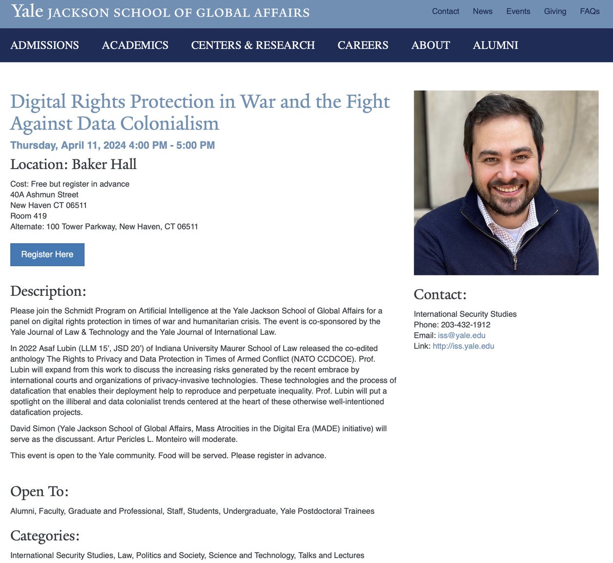 Heading to @YaleLawSch next week (4/11) at the invitation of @JacksonYale @ISSYale @YJoLT @YJILonline. Together with David Simon (Yale PoliSci) I'll discuss work on digital rights protection in war & data colonialism in global justice. For more info: jackson.yale.edu/jackson-events…