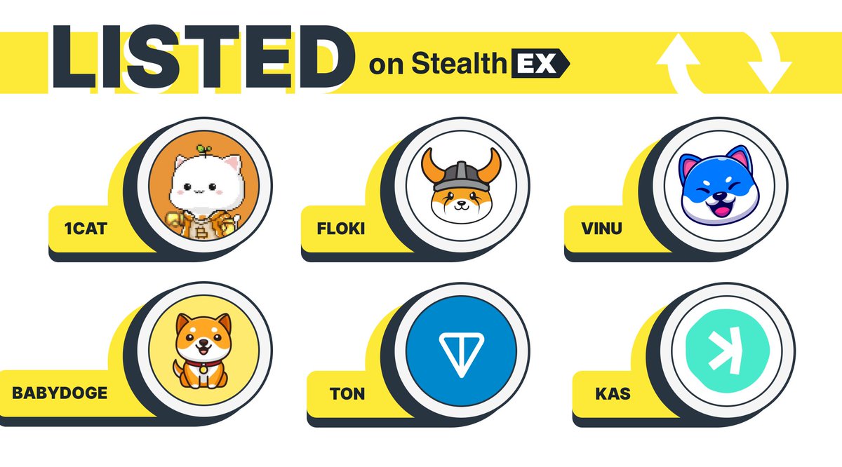 StealthEX_io's tweet photo. What do you #HODL in your wallet? Tell us!

#1CAT - @BitcoinCats1Cat 
$FLOKI - @RealFlokiInu 
$VINU - @VitaInuCoin 
$TON - @ton_blockchain 
$KAS - @KaspaCurrency 
#BABYDOGE - @babydoge 

Get any of these &amp; 1500+ other assets on https://t.co/xt93ooWUW9 with no registration ✨ https://t.co/MumU5WpGv5
