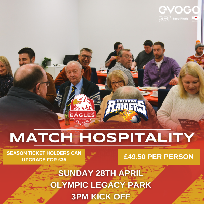 SheffieldEagles's tweet photo. 👊 Book your spot now for matchday hospitality for our next Betfred Championship home game against Barrow Raiders.

Click below to book 👇

Season ticket holders wanting to upgrade need to ring 0114 398 1998. 

#StrongerTogether #40Years