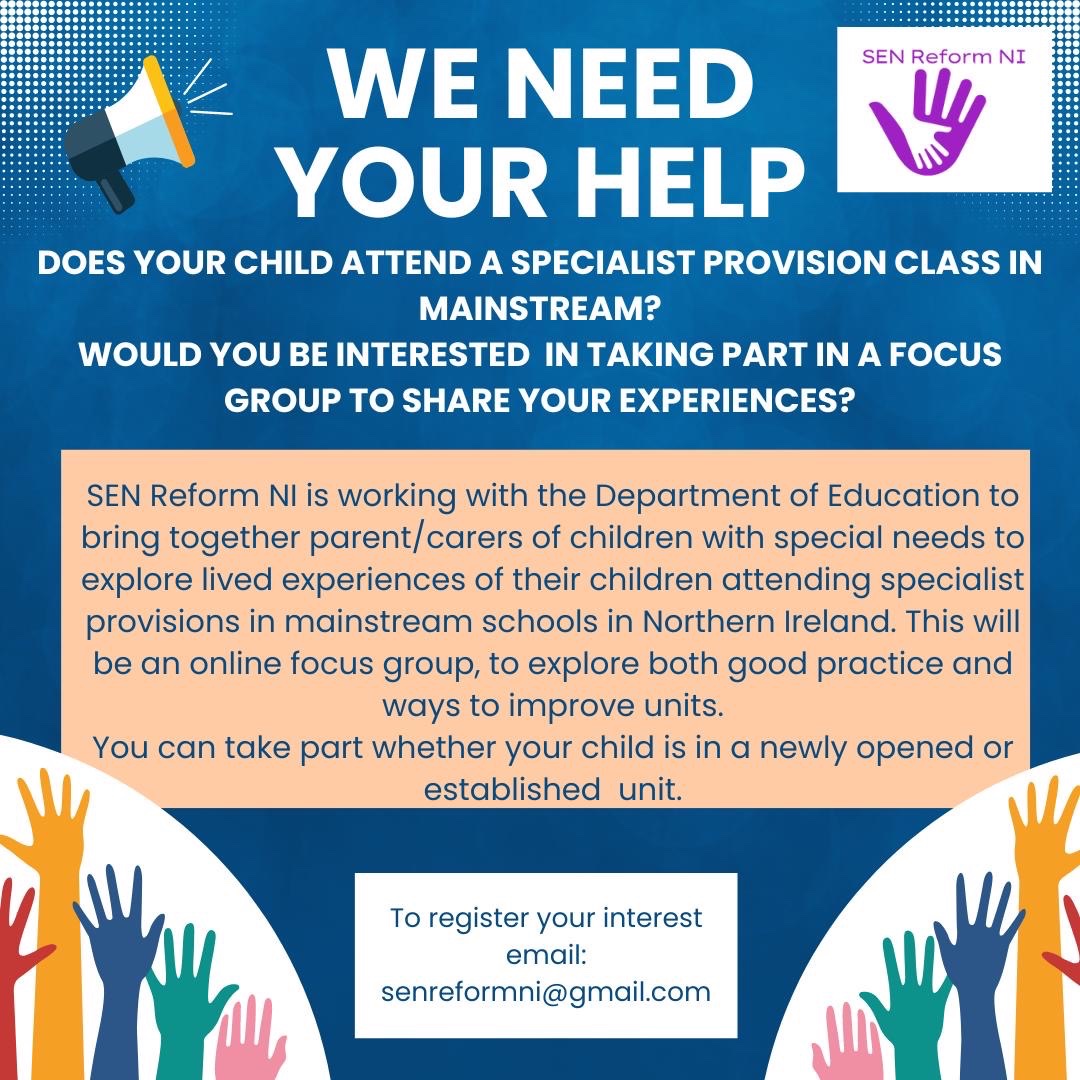Interested in sharing your experience as a parent or carer of a child attending a Special Provision in Mainstream (SPiM) unit? Join our focus group, which will assist @Education_NI in working towards SPiM improvement. Email us at senreformni@gmail.com to express your interest.