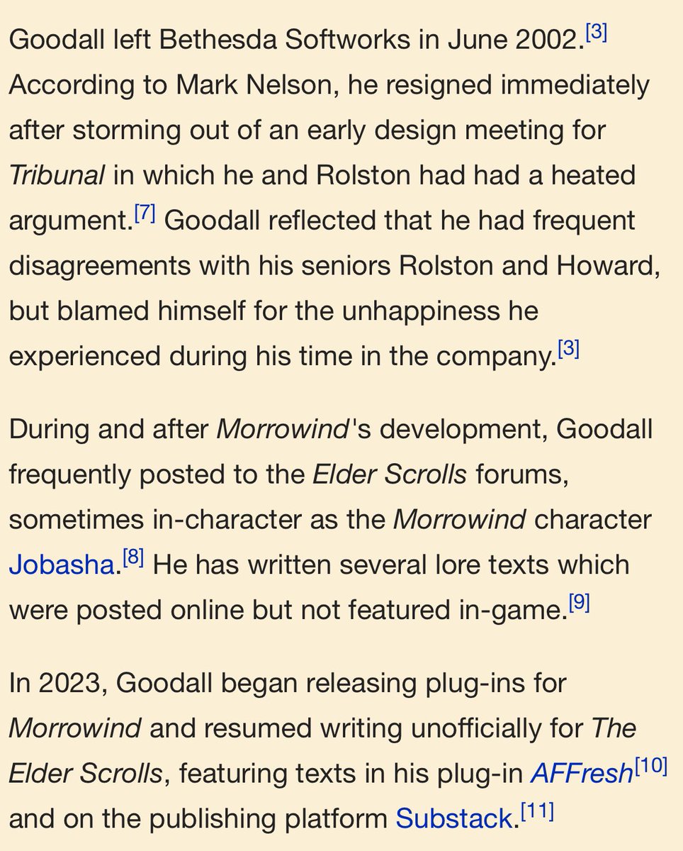 Douglas Goodall. Game designer, writer for Morrowind. Has frequent disagreements with his seniors at Bethesda. Quits. Posts on forums in-character as Jobasha the Khajiit. Returns 20 years later to make Morrowind mods (AFFresh on Nexus).