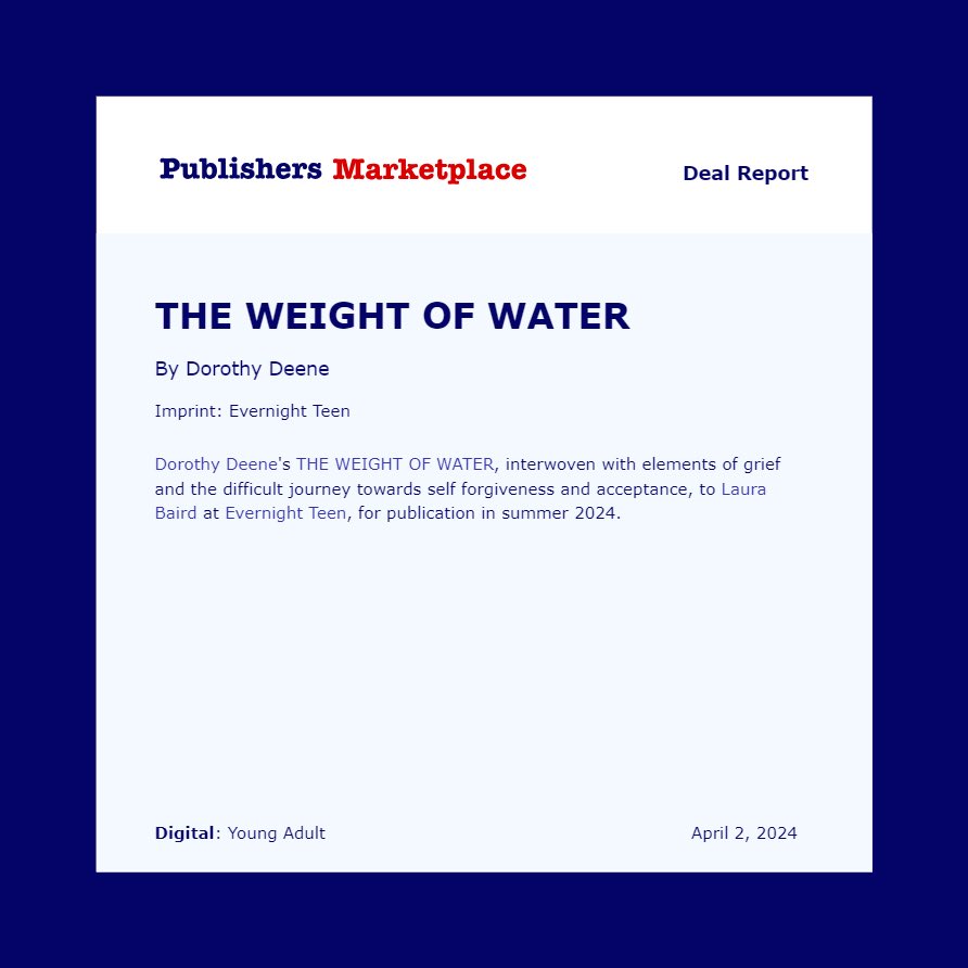 We’re excited to announce the upcoming YA title, THE WEIGHT OF WATER by Dorothy Deene #comingsoon #teenbooks #acquisition
