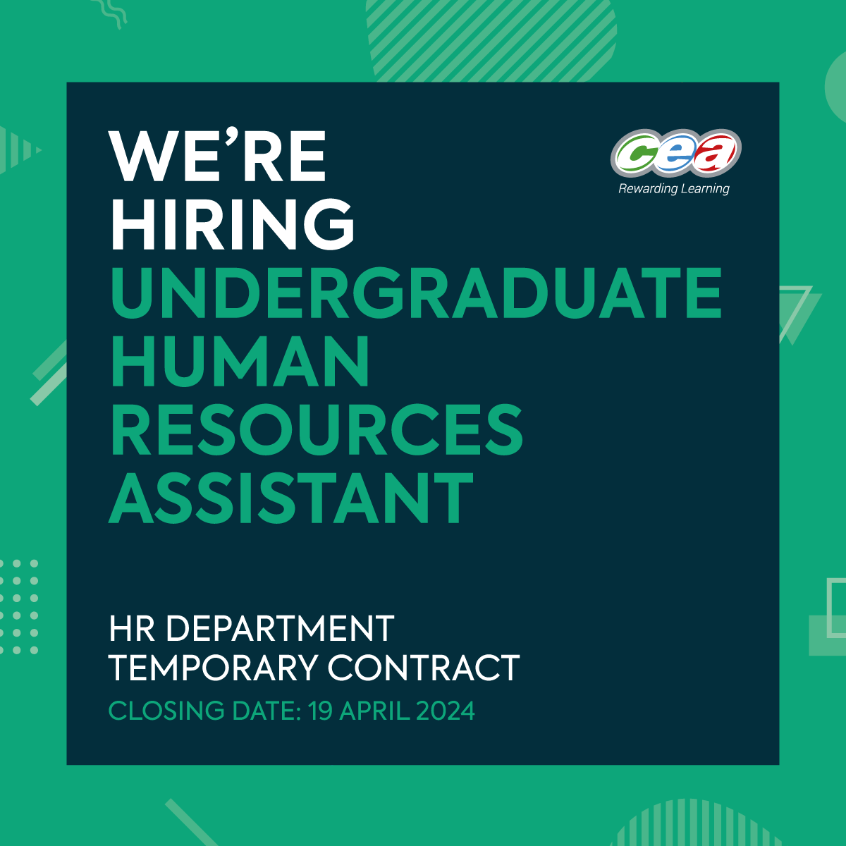 CCEA Undergraduate Opportunity 2024 Are you a talented and motivated Human Resources undergraduate? We are looking for the right undergraduate student to recruit into a temporary position beginning September 2024 for approximately 1 year. ow.ly/r5fE50R7jTu