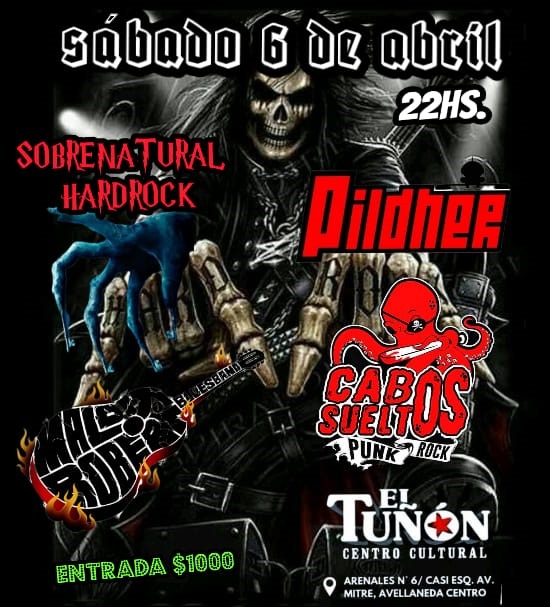 🎼 Vuelve el Rock a #ElTuñón 🎸

🗓️ Sábado 6 de abril - 22hs 🕙

🧷 SOBRENATURAL
🧷 PILDHER
🧷 CABOS SUELTOS
🧷 MALDITO ROBERT

🎫 Entradas: $1000
📍 Centro Cultural El Tuñon. Arenales N° 6/Casi esquina Av. Mitre, Avellaneda Centro.