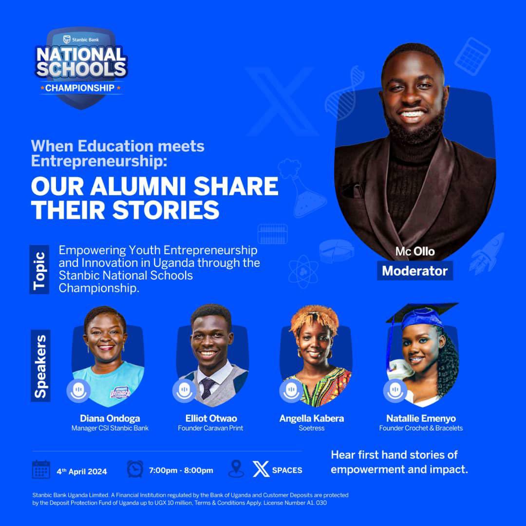 Join us tomorrow from 7pm- 8pm for an insightful X-Space which will be moderated by @LuoboyOllo (Mc Ollo)🔥 Topic: Empowering Youth Entrepreneurship and Innovation in Uganda through the Stanbic National Schools Championship Tell a friend to tell a friend 🔥