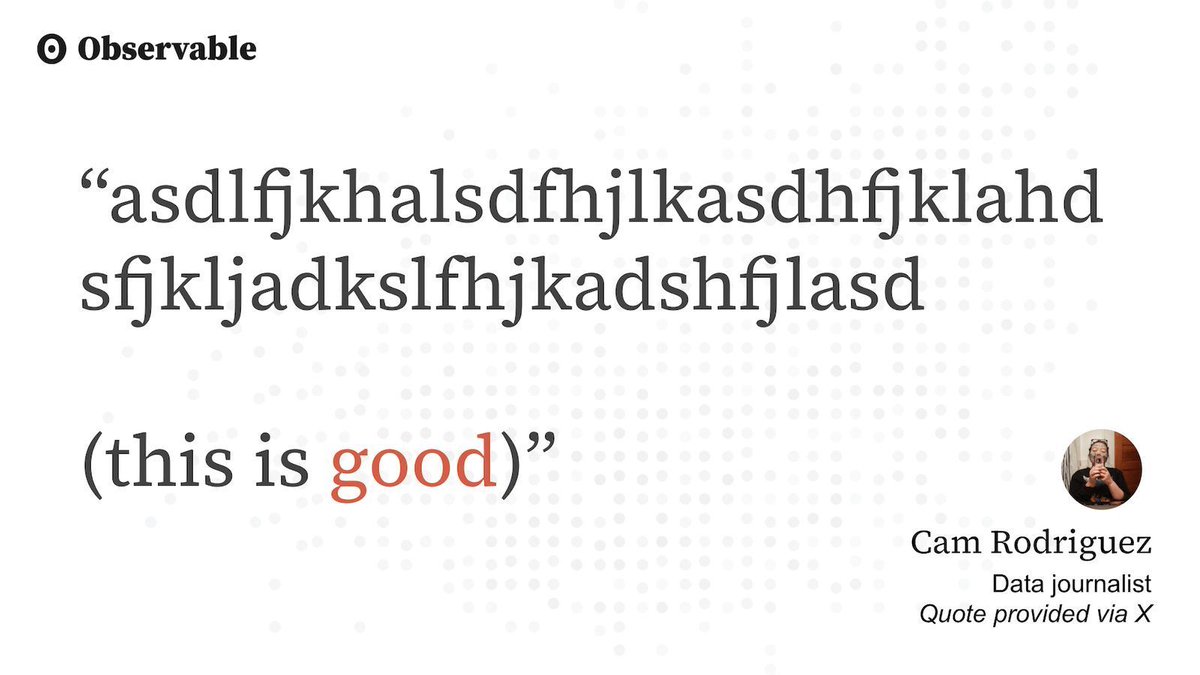 Observable Framework makes data journalists go 'asdlfjkhalsdfhjlkasdhfjklahdsfjkljadkslfhjkadshfjlasd' — in a good way! Learn how Framework helps data viz developers build & deploy fast, custom apps & dashboards using tools they already know & love: observablehq.com