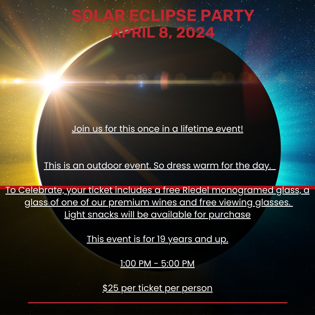 Only 5 tickets left for our Solar Eclipse celebration. Receive complimentary glasses, a glass of wine and you get to take your Lacey etched glass home as a sovenier. #princeedwardcountywine
#SolarEclipse2024 #SolarEclipse #laceyestates #winetasting #southeasternontario