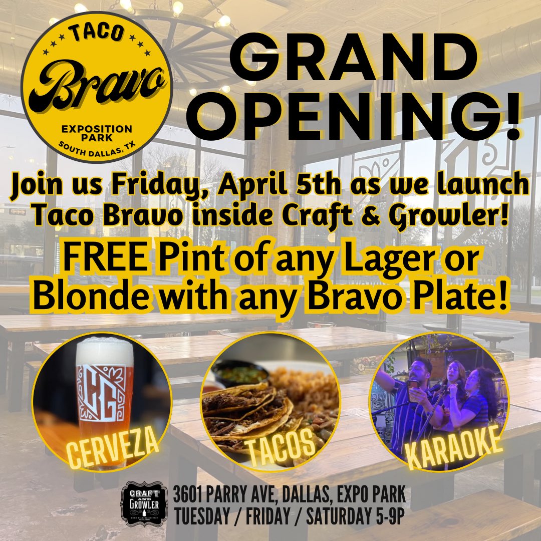 Join us Friday as we launch Taco Bravo inside Craft &amp; Growler! 🌮🌮🌮 Get yourself a pint on the house with any Bravo Plate!!