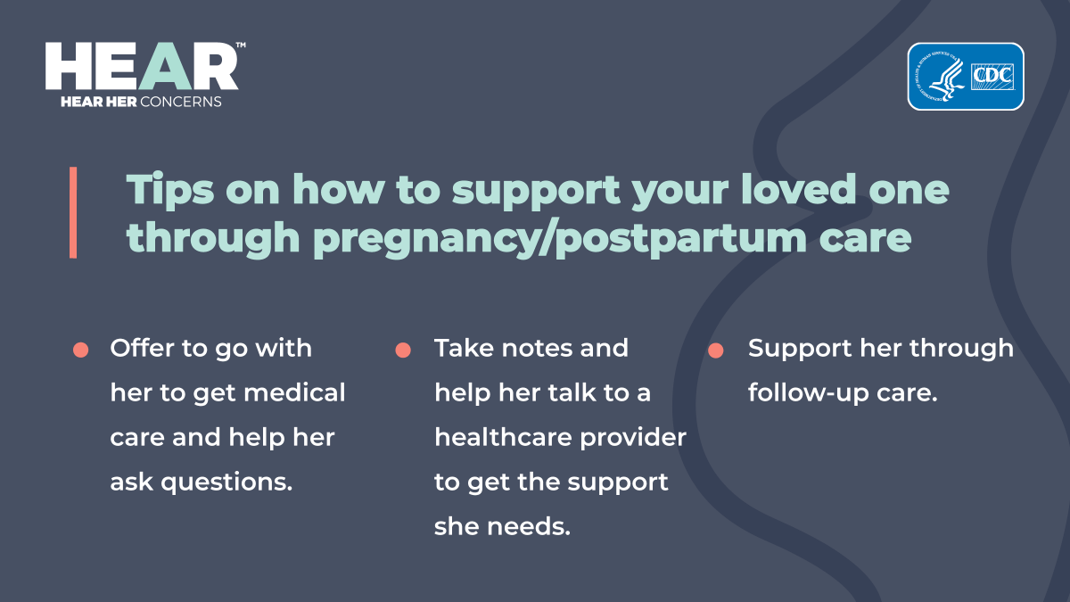 Know someone who is #pregnant? Support your expecting loved one and #HearHer if she expresses any concerns about her health. bit.ly/CDCHearHerAdvo… #MaternalHealth #SupportSystem