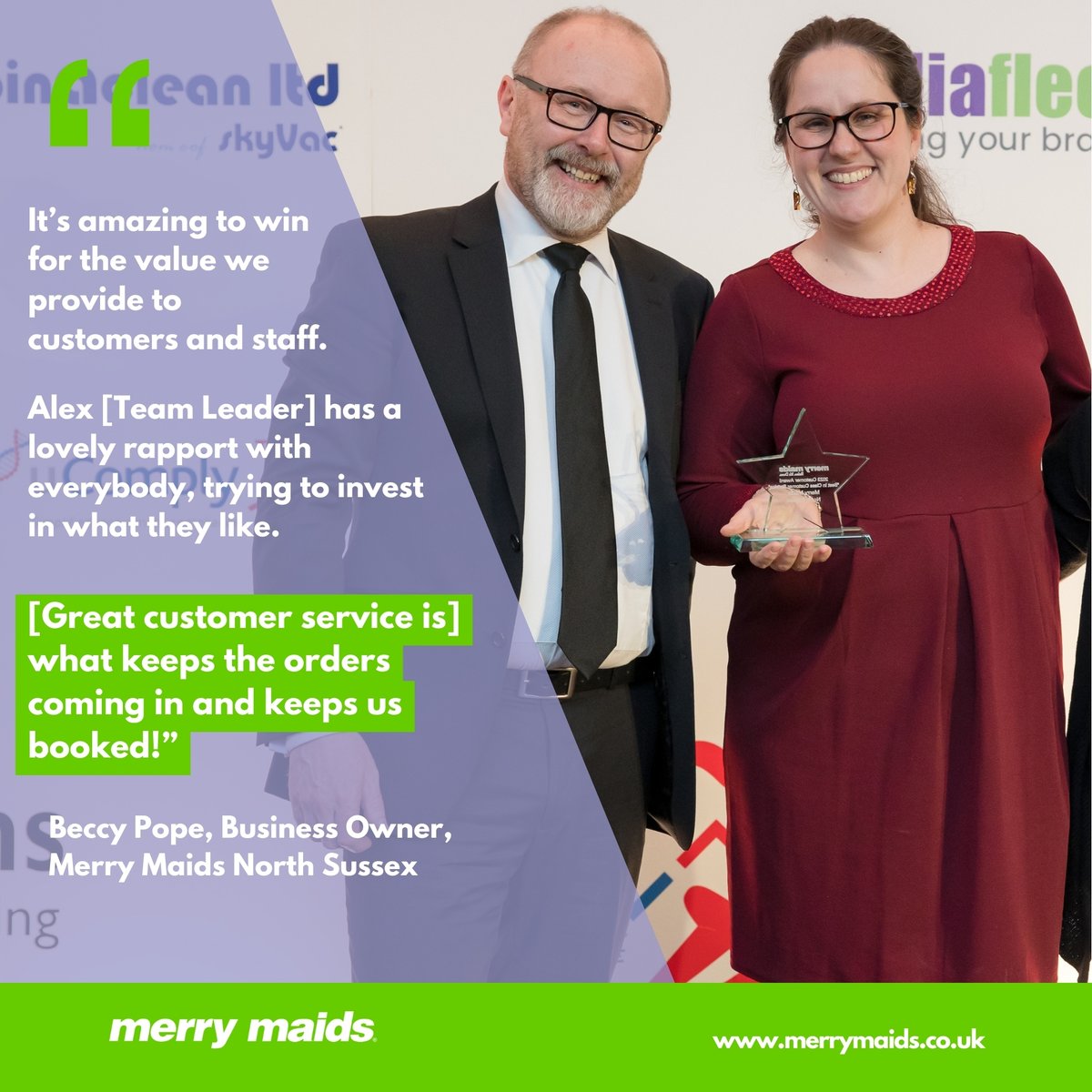 merrymaidsUK's tweet image. Here&apos;s what Beccy Pope from Merry Maids North Sussex had to say when picking up her award for business excellence during our #SpringForward24 event 🏆🌟

#servicemaster #merrymaids #awards #customerservices #cleaningservices #franchisebusiness #awardwinning