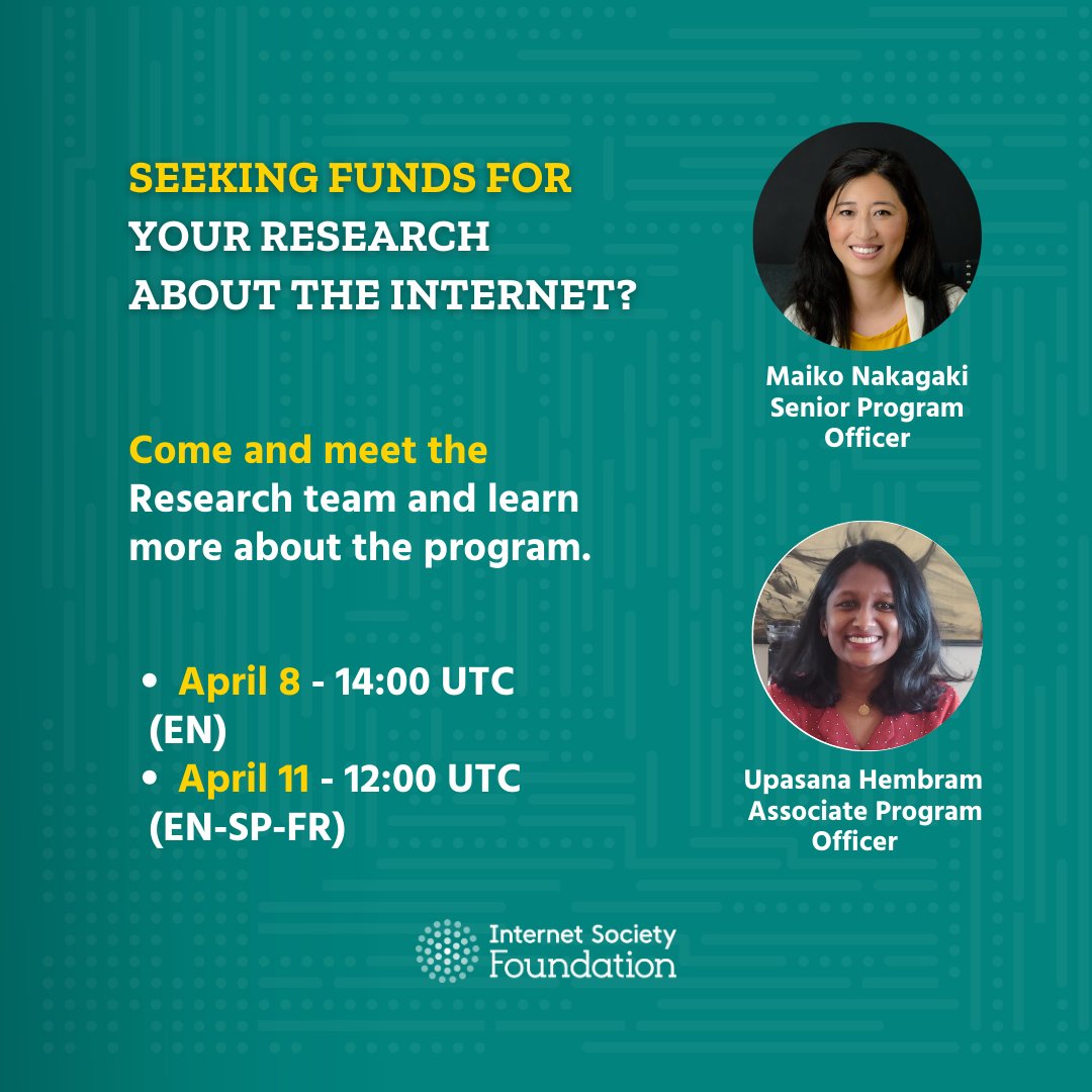 📢 We are proud to provide funding up to $500,000 for research about the future of the Internet. Join our webinars! ➡️ 8 April – English Only – 14:00 UTC isoc.pub/43LBx6V ➡️ 11 April – Interpretation in French and Spanish – 12:00 UTC isoc.pub/3TM0Bq4